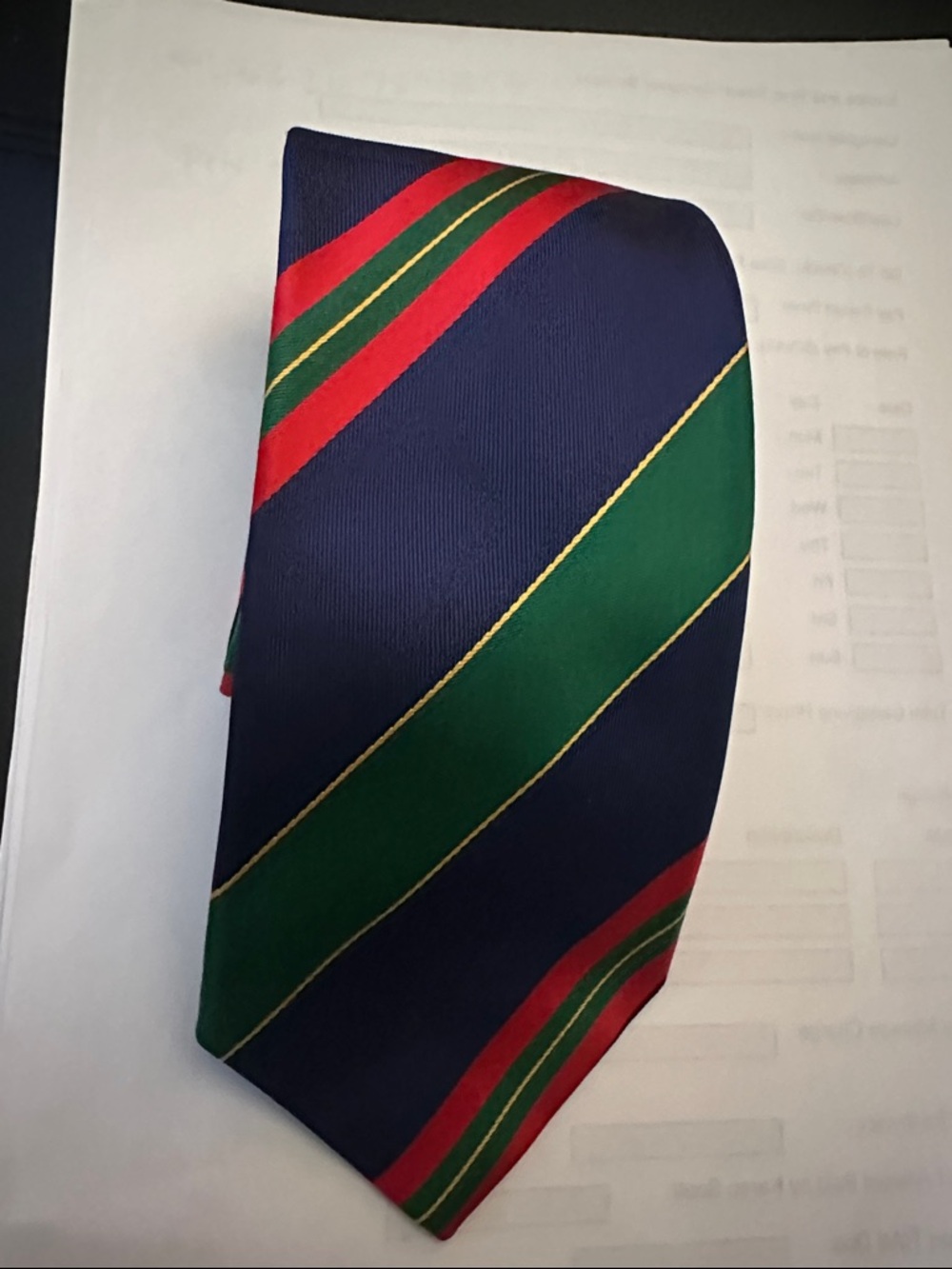 Burberry Navy Silk Tie with Green and Red Diagonal Stripes